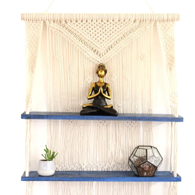 Joy of Balance Macramé Boekenplank - Met Hangende Planken - Blauw - 72x150x13cm Beige
