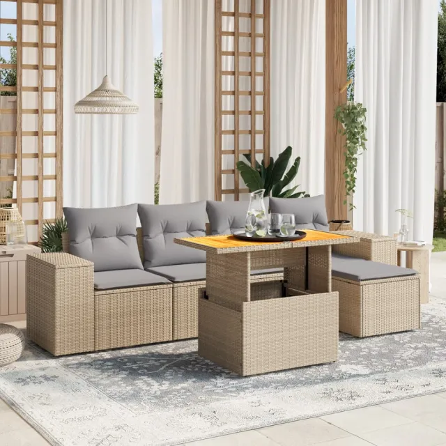 vidaXL 6-delige Loungeset met kussens poly rattan beige, foto 2
