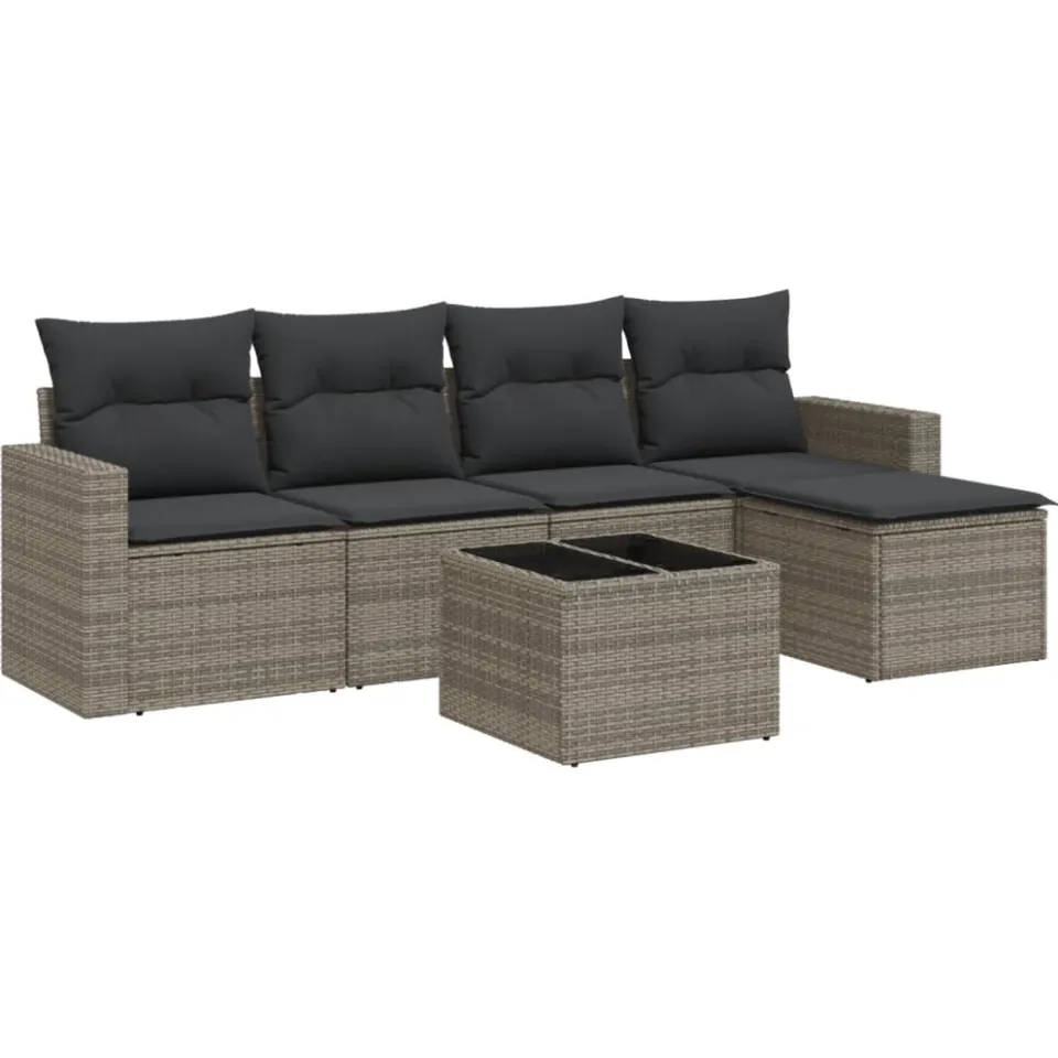 vidaXL 6-delige Loungeset met kussens poly rattan grijs, foto 3