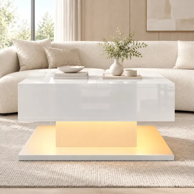 Maisentiel Salontafel 72 x 72 cm met verstelbaar blad, lades en ledverlichting - wit