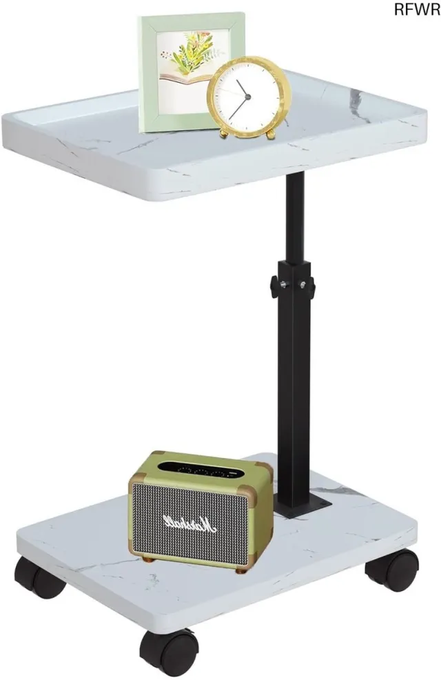 RFWR Verstelbare Bijzettafel met Wieltjes – C-Vormige Houten Tafel met 360° Draaibaar Blad – Compacte Salontafel voor Woonkamer Wit