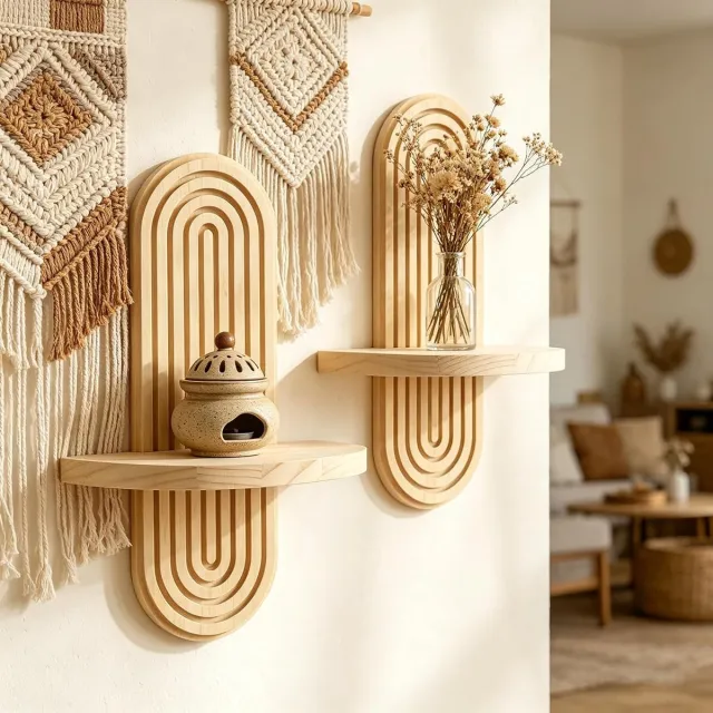 KZQ Zwevende Planken Wandplanken Boho Stijl, Milieuvriendelijk Houten Wanddecoratie voor Woonkamer, Slaapkamer en Badkamer, Minimalistisch Bohemen Interieur Beige