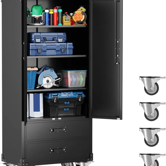 HOERFURIY Stalen Opbergkast voor Hal op Wielen 72 inch - Vergrendelbare Deuren met Slot - 2 Lades en 3 Verstelbare Legplanken - Blokkeerbare Wielen - Mobiele Opbergkast - Voor Garage Werkplaats en Kantoor Zwart