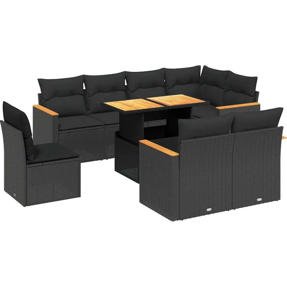 vidaXL 9-delige Loungeset met kussens poly rattan zwart