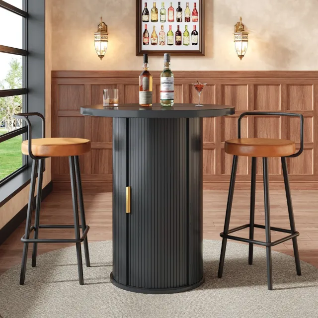 HAUSS SPOLE Bartafel - Rond Met Opbergruimte En Schuifdeur - Voor Woonkamer En Bar - MDF En Metaal - 60x60x91,6 Cm - Zwart