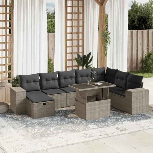 vidaXL 9-delige Loungeset met kussens poly rattan lichtgrijs grijs, foto 2