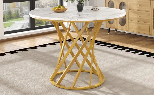 Wishdor Eettafel 80*80*76cm van MDF en metaal, modern ontwerp, goud-wit afwerking en stabiel onderstel Goud+Wit