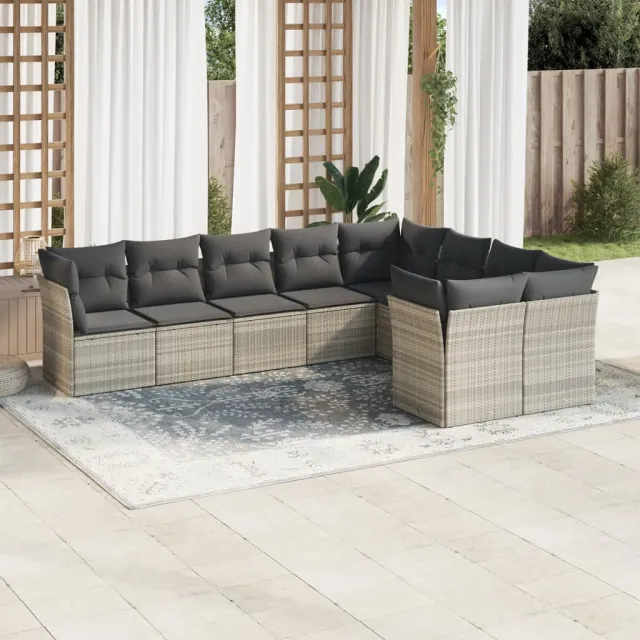 vidaXL 9-delige Loungeset met kussens poly rattan lichtgrijs grijs, foto 2