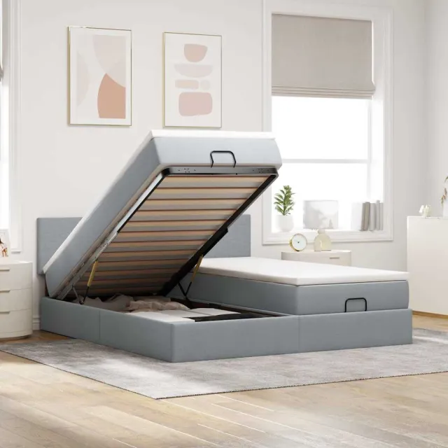 vidaXL Ottoman bed met matrassen en LED's 200x200cm stof lichtgrijs grijs