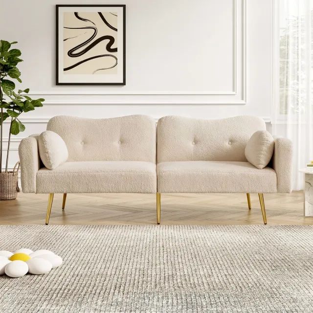 MEUNIQ slaapbank 2-zits 175 x 79 x 82 cm met verstelbare rugleuning, 180° slaapstand, gouden metalen poten en 2 kussens voor woonkamer Beige
