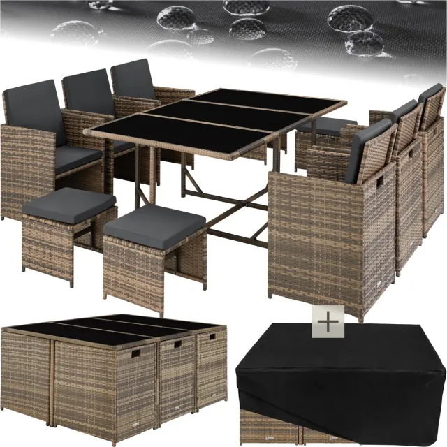 Tectake Tuinset Malaga - Outdoor Balkon Tuinmeubelset - Loungeset met 6 stoelen, 4 krukken, 1 tafel en beschermhoes - Wicker vlechtwerk - Weerbestendig en Ruimtebesparend - Natuur