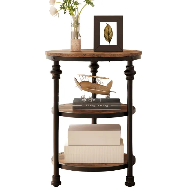 Happiq Ronde Bijzettafel 3-Laags - Industrieel Hout & Metaal - Met Opbergplank - Voor Woonkamer Rustic Brown