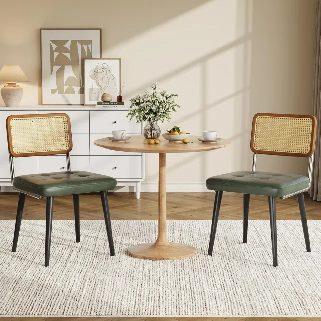 HOERFURIY Set van 2 eetkamerstoelen met rotan rugleuning - donkergroen PU-leer - zonder armleuningen voor keuken en restaurant