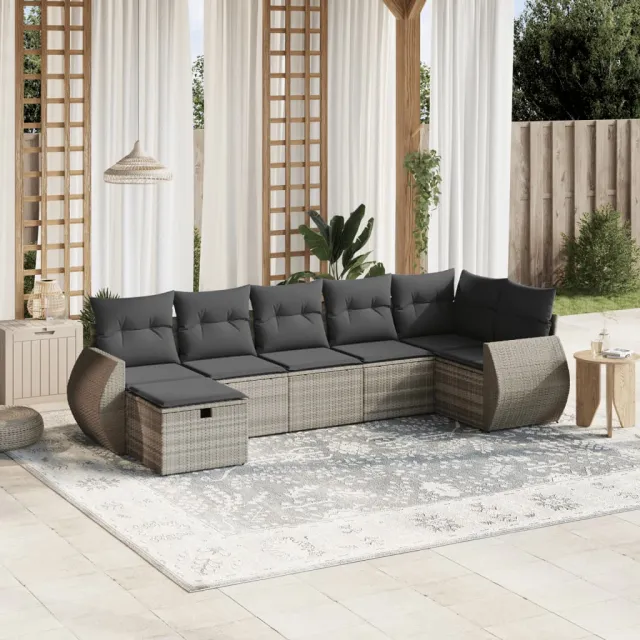 vidaXL 7-delige Loungeset met kussens poly rattan lichtgrijs