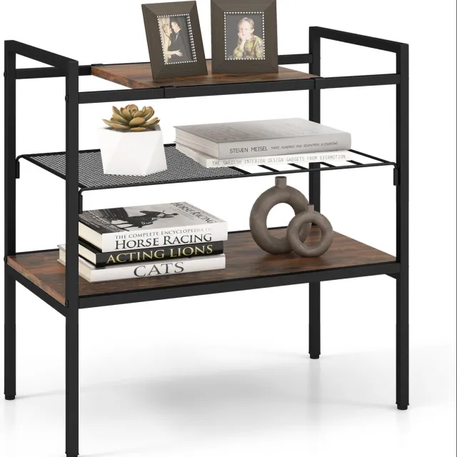Costway Bijzettafel met afneembare plaat en roosterplank, salontafel met metalen frame, opbergrek met 3 niveaus voor woonkamer, slaapkamer, industrieel design, 60 x 33,5 x 61 cm Bruin