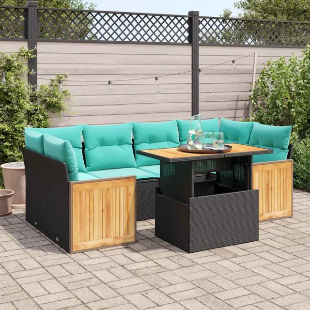 vidaXL 7-delige Loungeset met kussens poly rattan acacia zwart, foto 2