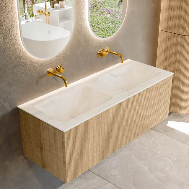 Mondiaz KURVE-DLUX 120 cm Onderkast Greeploos 1 Lade Zonder Deuren Oak, Wastafel Solid Surface Dubbel Ostra 0 Kraangaten Zonder Spiegel (KRVLEA1201L0D0KD-Oak/Ost)