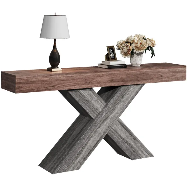 Clruro Consoletafel - X-vormige Poten en Onderplank - Houtlook Ontwerp - Spaanplaat - Houtkleur Walnoot