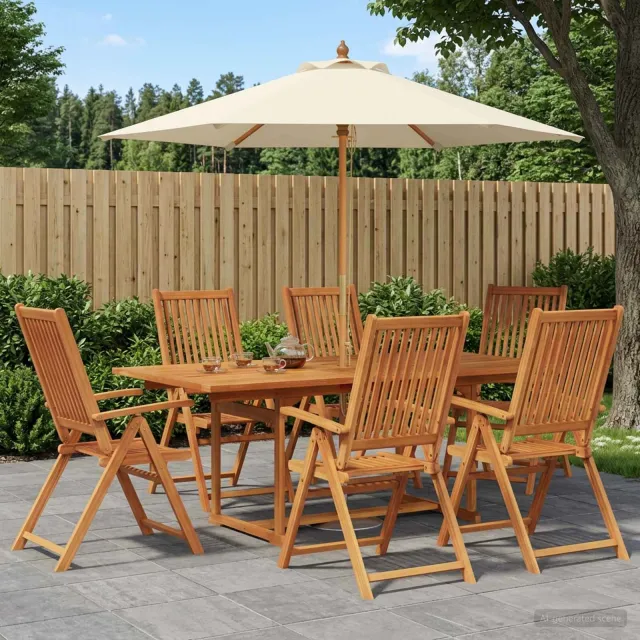 vidaXL Buiten Eetset met Parasol 8 st 6-zits Crème Wit en Natuurlijk