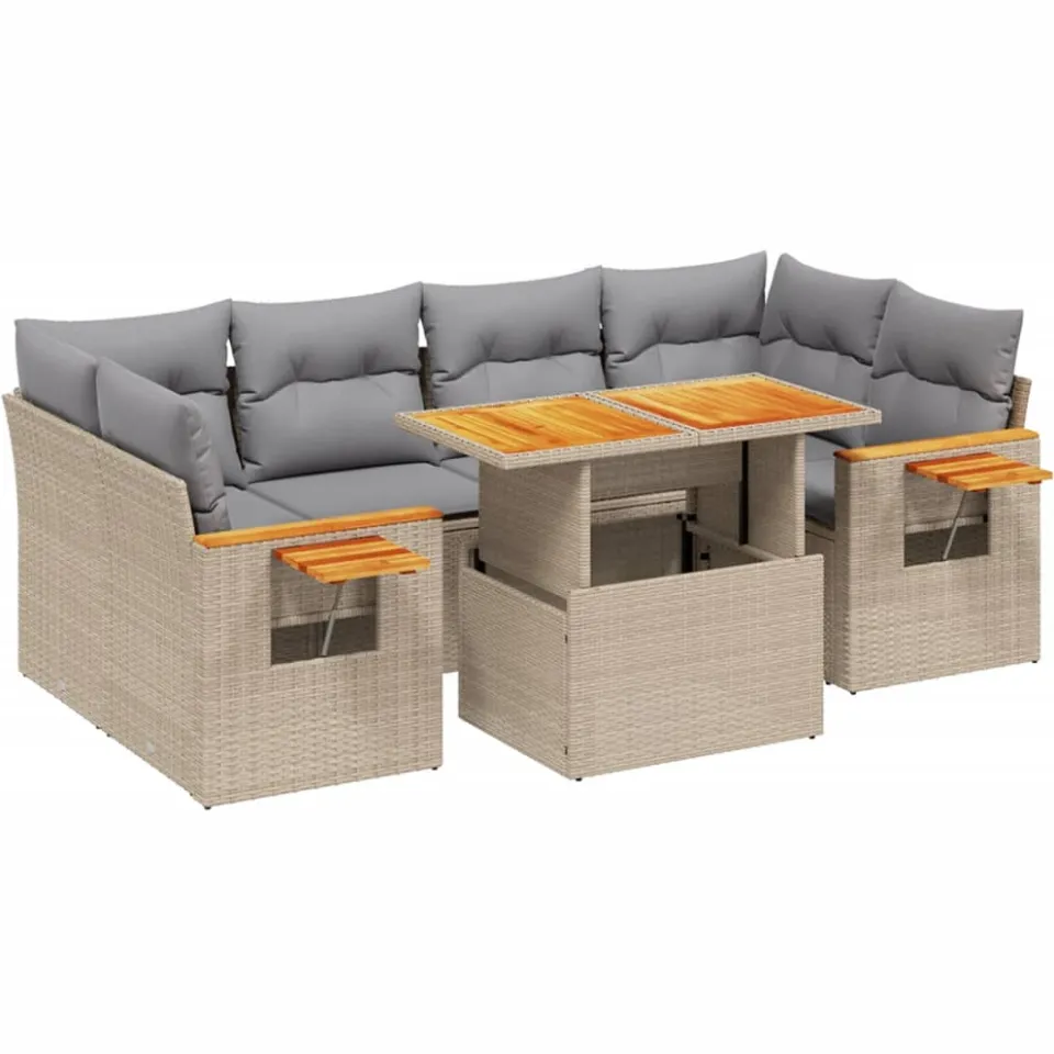 vidaXL 7-delige Loungeset met kussens poly rattan beige, foto 3