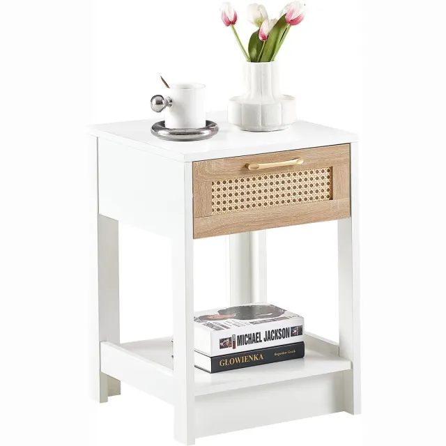 Wishdor Nachtkastje - Met Lade En Rotanlook - Modern - Voor Slaapkamer Of Woonkamer - MDF - Naturel En Wit Natuurlijk + Wit
