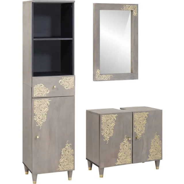 vidaXL Badkamerkastenset 3 st Grijs Massief Mango Hout
