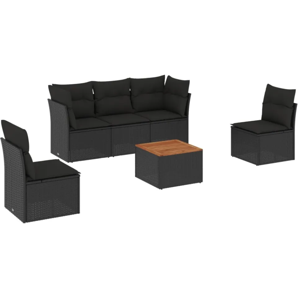 vidaXL 6-delige Loungeset met kussens poly rattan zwart