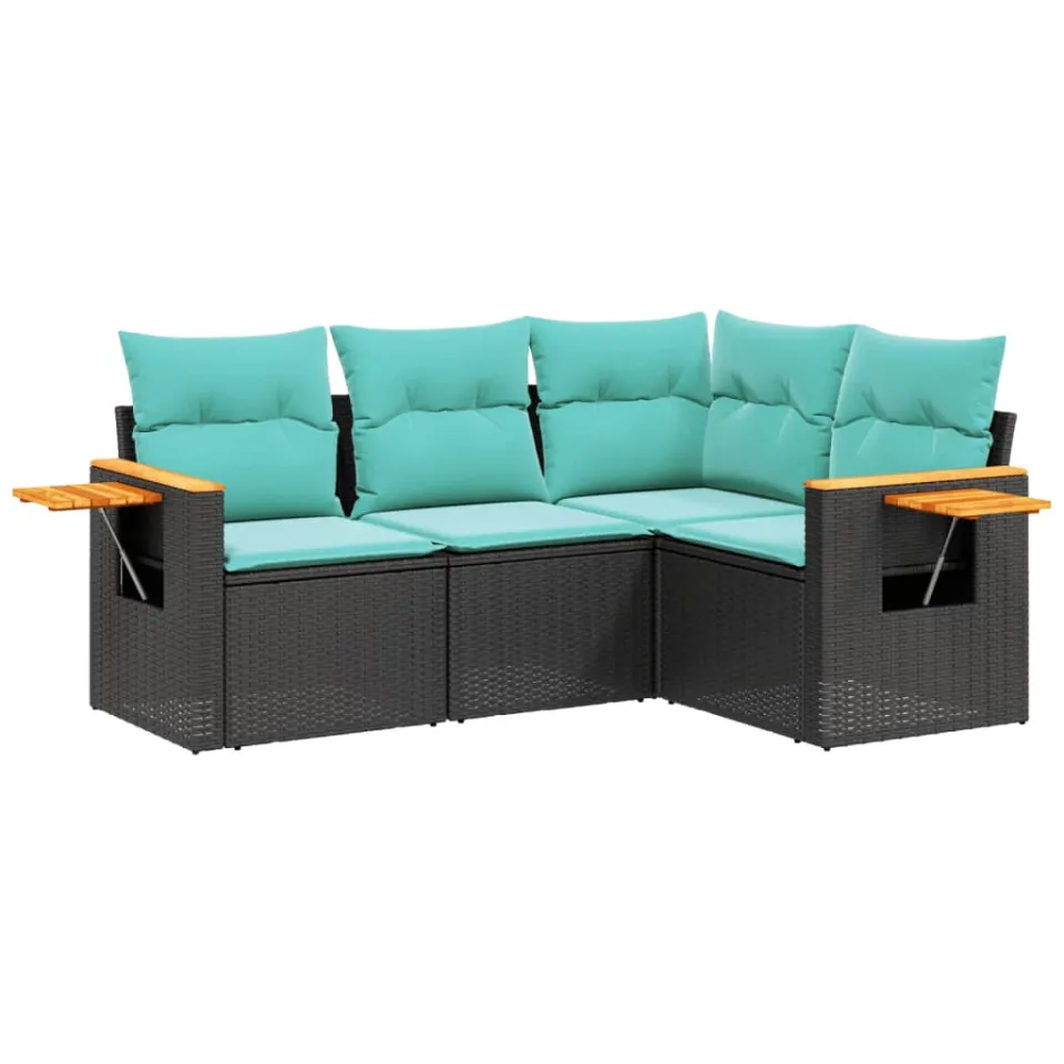 vidaXL 4-delige Loungeset met kussens poly rattan zwart, foto 3