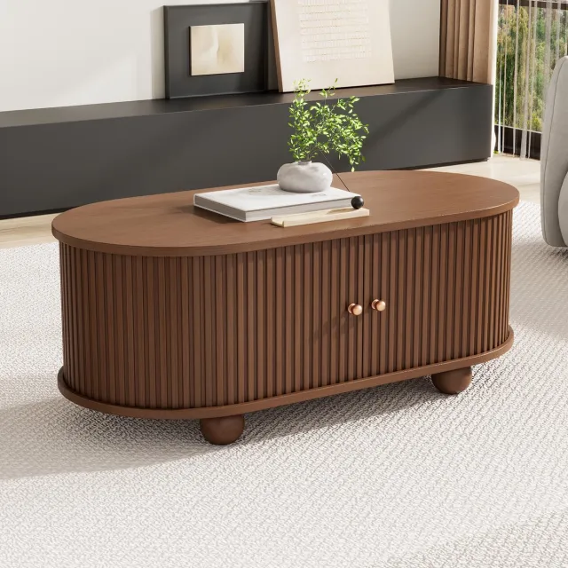 HAUSS SPOLE Salontafel - Ovale Tafel Met Schuifdeuren En Opbergruimte - Voor Kleine Woonkamer En Bij Sofa - MDF - 100x50x40 Cm - Walnootkleur