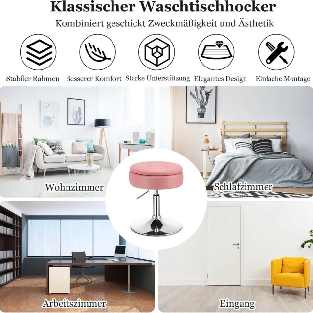 Costway Make-upkruk, 360 graden draaibaar, make-uptafel, kruk met opbergruimte, zithoogte 51-66 cm, zitkruk, bureaukruk gevoerd, barkruk rond, modern roze