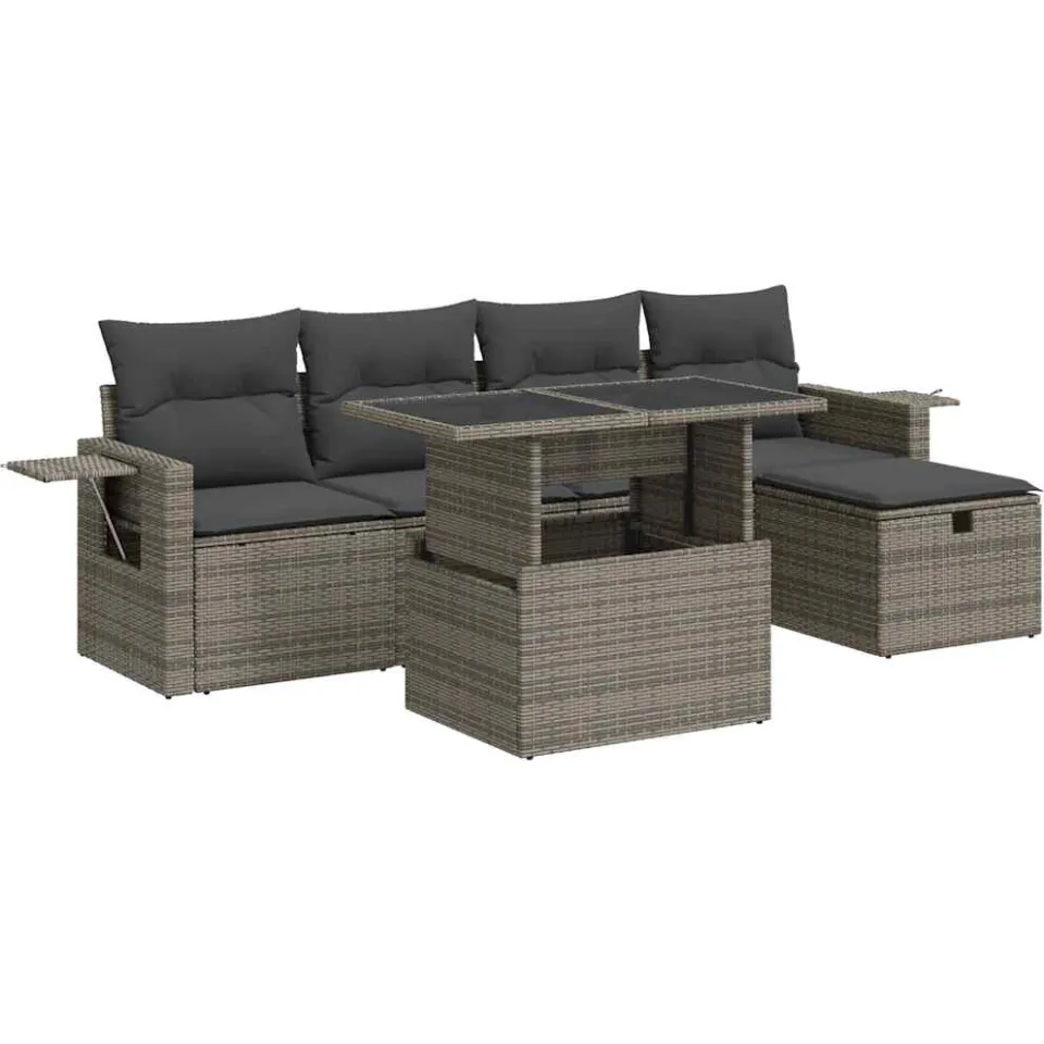 vidaXL 6-delige Loungeset met kussens poly rattan grijs, foto 3