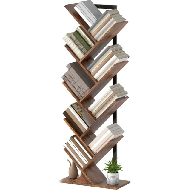 DESMIU Boekenkast – Boomvorm Met 9 Planken – 50 x 24 x 136 cm – Hout En Metaal – Rustiek Bruin – Voor Woonkamer En Kantoor