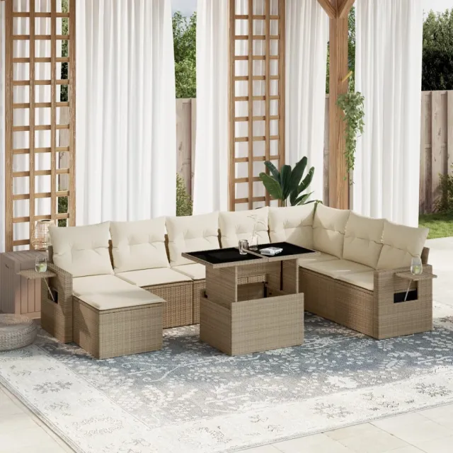 vidaXL 9-delige Loungeset met kussens poly rattan beige, foto 2