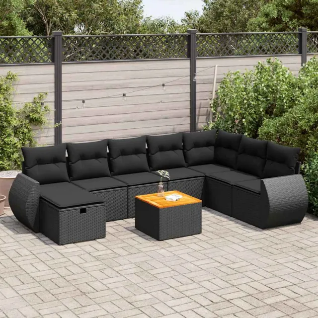 vidaXL 9-delige Loungeset met kussens poly rattan zwart, foto 2