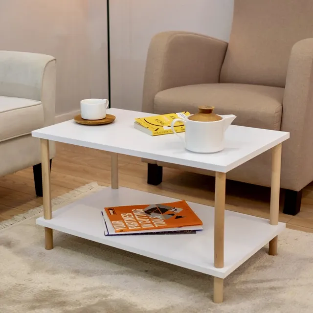 City of Wood Rechthoekige Salontafel met Houten Poten, Twee Planken en Tijdschriftenrek - 72x45 cm Decoratieve Tafel - Wit