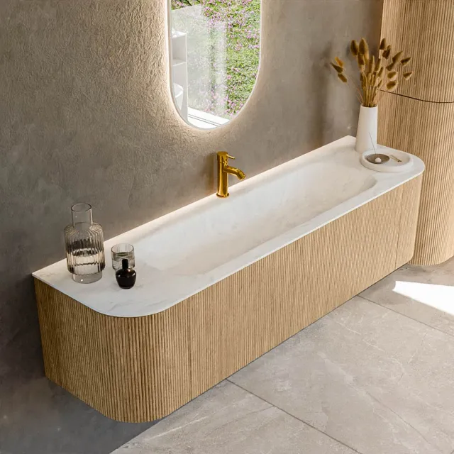 Mondiaz KURVE-DLUX 170 cm Onderkast Greeploos 1 Lade Met Deuren Oak, Wastafel Solid Surface Midden Opalo 1 Kraangat Zonder Spiegel (KRVBGL170L+R1L2D1KM-Oak/Opa)
