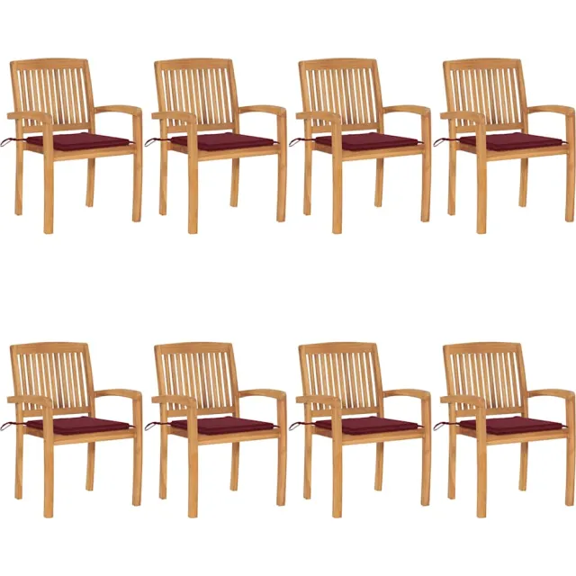 vidaXL Tuinstoelen stapelbaar 8 st met kussens massief teakhout Rood
