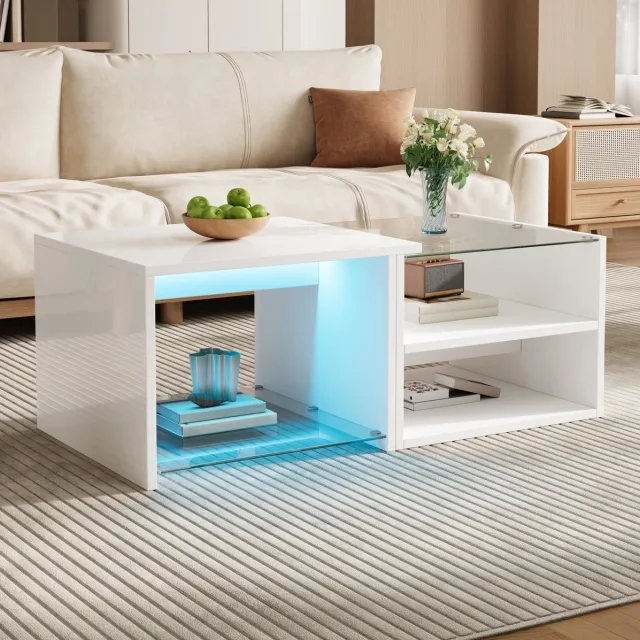 FloraGrace Salontafel - Getrapt Ontwerp Met Ledverlichting En Open Vakken - Voor De Woonkamer - Spaanplaat En Glas - 100x50x38 Cm - Wit