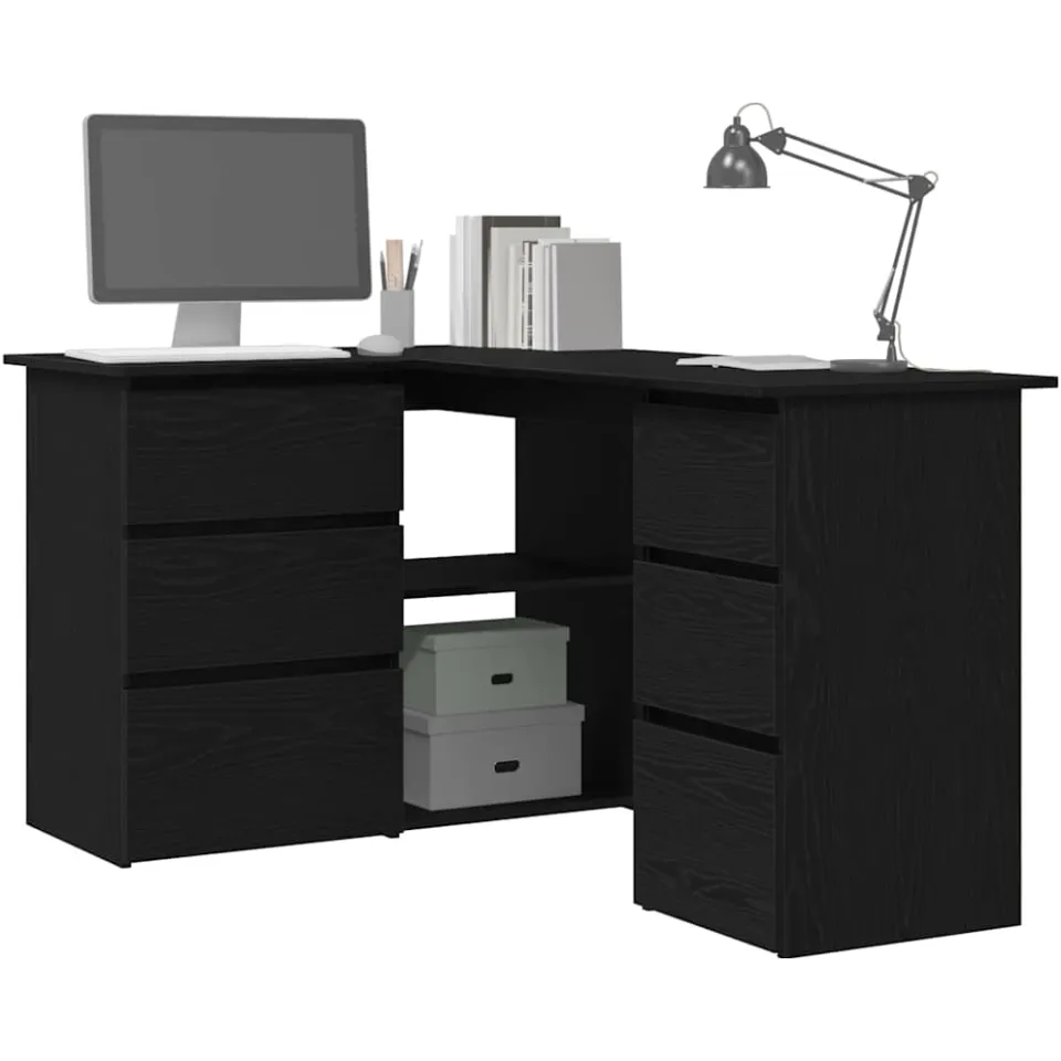 vidaXL Bureau Zwart Eiken Bewerkt hout 145 x 100 x 76 cm, foto 3
