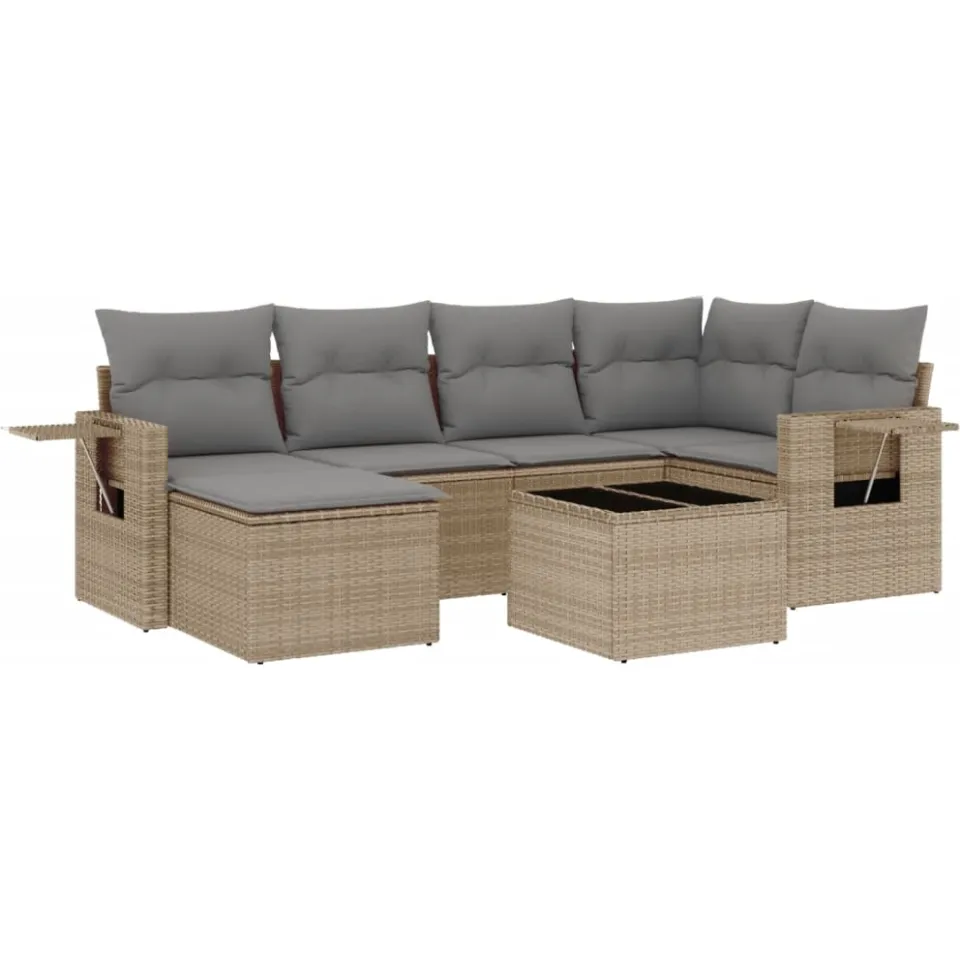 vidaXL 7-delige Loungeset met kussens poly rattan beige, foto 3