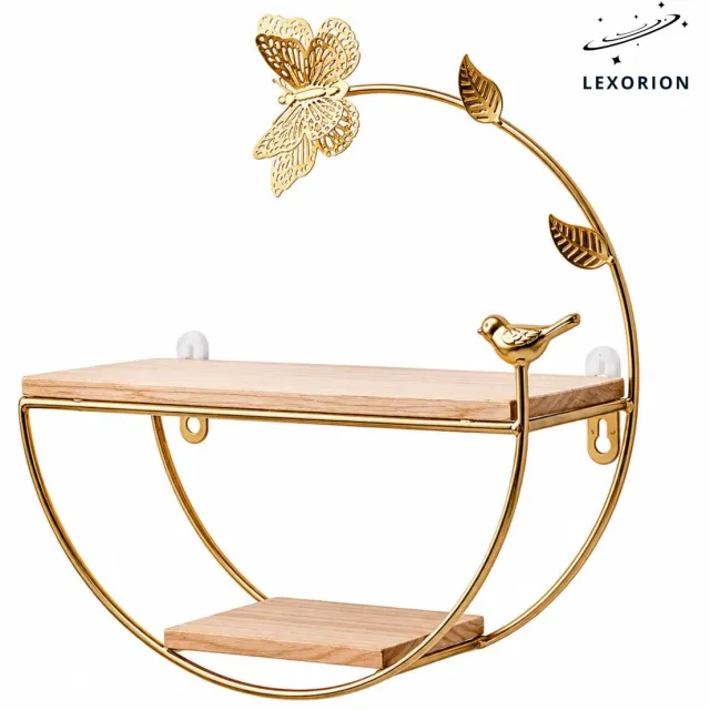 Lexorion 2-Tier Floating Wall Shelf – Decorative Geometric Metal & Wood Wall Shelves, Rustic Gold Display Shelf for Living Room, Bathroom & Fireplace Goud