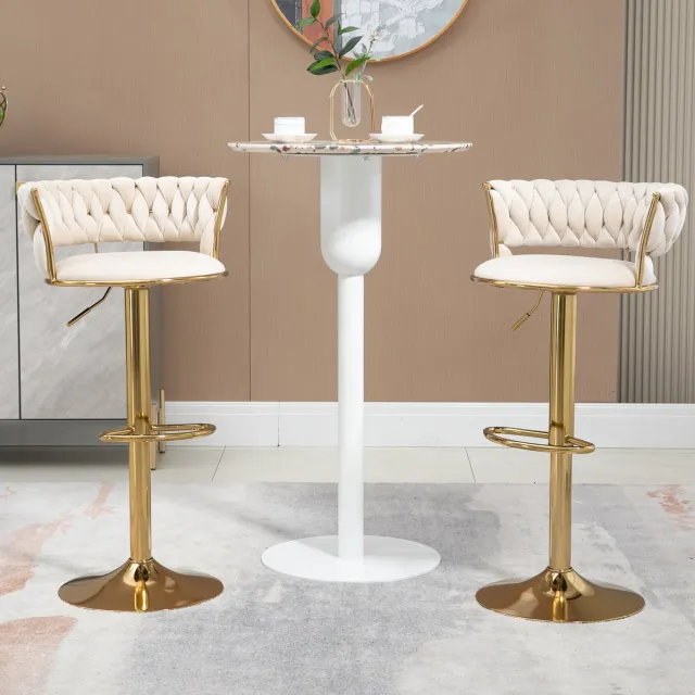 MEUNIQ Barkrukken set van 2 – verstelbare hoogte 78,5-97 cm, 360° draaibaar, velvet zitting met rugleuning en voetsteun, ivoor met gouden onderstel