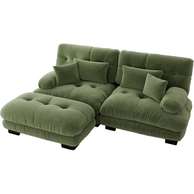 MUVANO Groene Chenille Hoekbank - Modulaire Cloud Bank - Hoekbank Met Hocker-Comfortabele Zitbank - 220x145x81 cm- Modulair - Woonkamer Groen