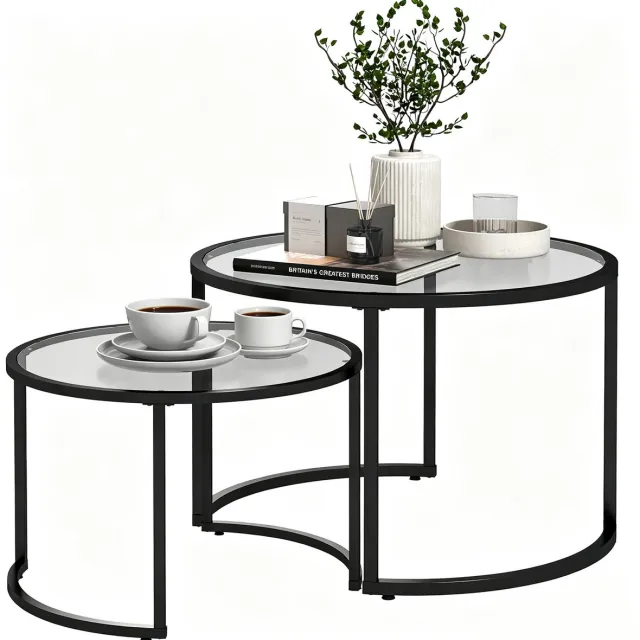 ECTEATOY Salontafel Set van 2 - Ronde Bijzettafels - Gehard Glas en Zwart Metaal - Koffietafel - Ø 70/54 cm