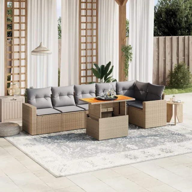 vidaXL 7-delige Loungeset met kussens poly rattan beige, foto 2