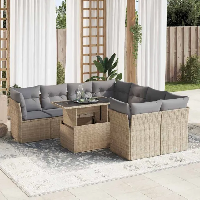 vidaXL 9-delige Loungeset met kussens poly rattan beige, foto 2