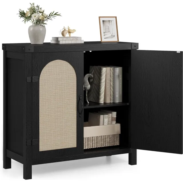 HOERFURIY Dressoir Kast met Rotan Deuren en Lade - Zwarte Buffetkast met Opbergruimte - Boho Webbing Design - Voor Woonkamer & Hal - 80x35x84 cm - Zwart
