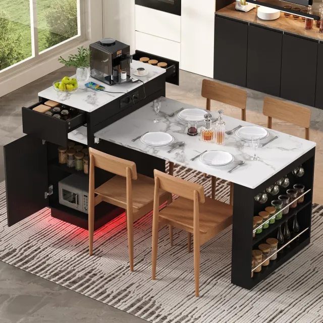 MODENUIT Eettafel - Uitschuifbaar Keukeneiland Met LED En Haken - Voor Keuken - MDF - Zwart - 58x80,5x94 Cm