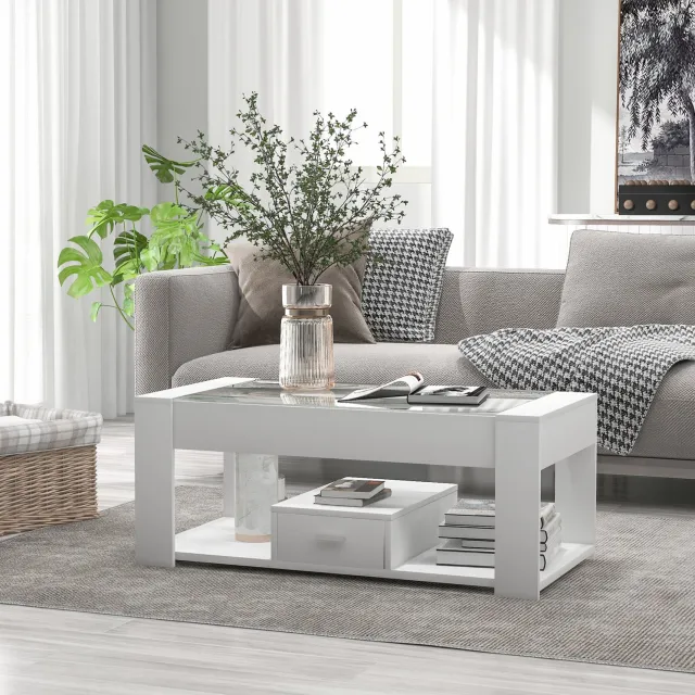 CHICFURN Salontafel 100 cm - Glasplaat en opbergruimte - Rechthoekig met lades - Woonkamer - Spaanplaat en glas - Wit