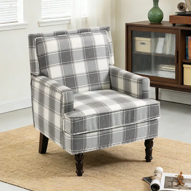 FloraGrace Fauteuil 1-Zits - Vintage Geruit - Grijs-Wit - Met Armleuningen, Hoge Rugleuning En Houten Poten - Stof - Voor Woonkamer White+gray